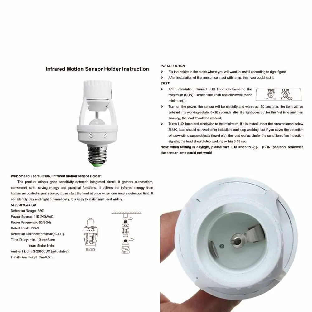 E27 Easy Install PIR Motion Sensor Converter Home Uniiversal Infrared Ceiling 110-240V Office Lamp Base