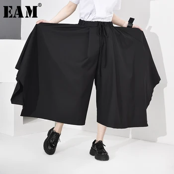 

[EAM] High Elastic Waist Black Big Size Long Asymmetrical Trousers New Loose Fit Pants Women Fashion Tide Spring Autumn 2020