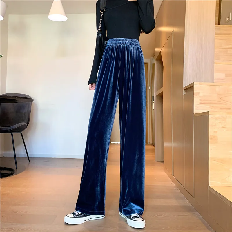 Fashion 2024 Winter women long velvet pants,Black Green loose casual  staight wide leg velour pants, velvet Trousers - AliExpress