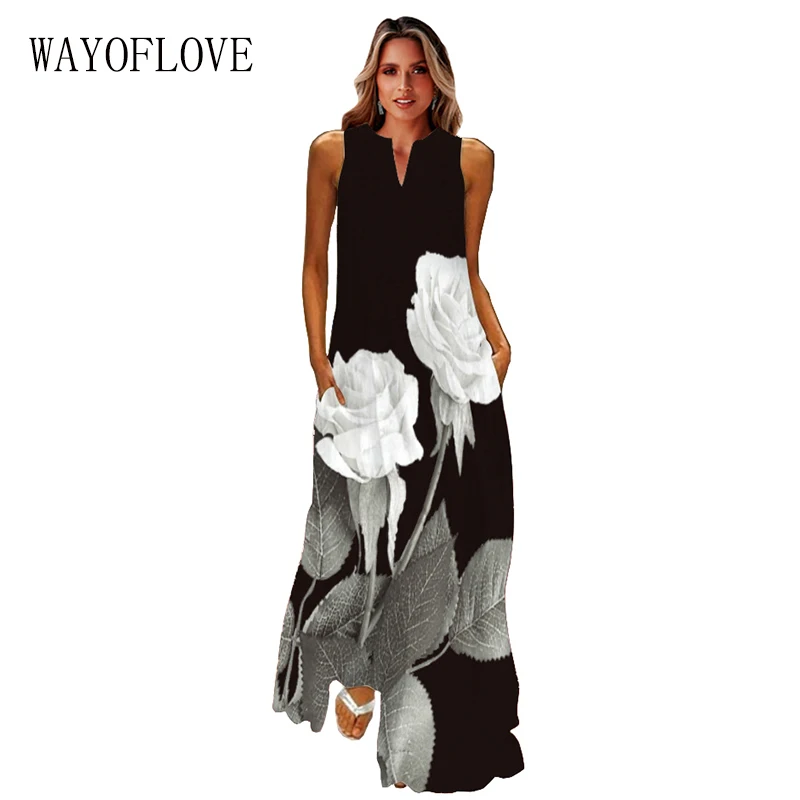 WAYOFLOVE 3D Face Print Black Dress Summer Holiday Beach Casual Elegant Vintage Dresses Woman Party Sleeveless Long Dress Women little black dress