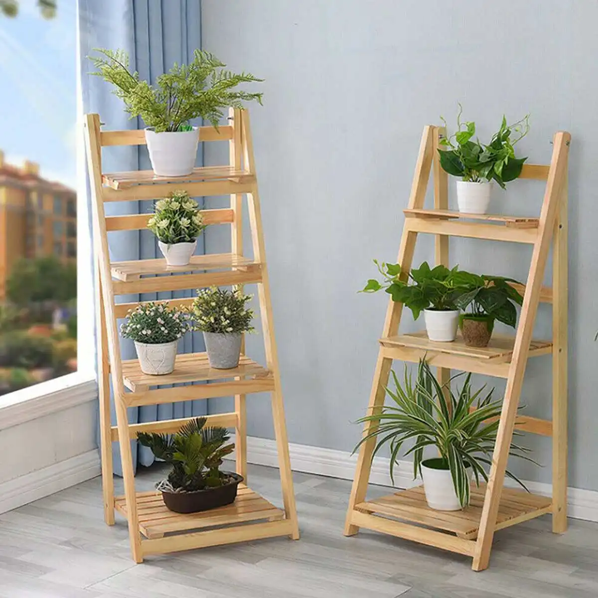 4 Tier Ladder Shelf Wood-plastic Bookcase Stand Plant Storage Organizer Rack 
