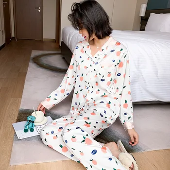 

Peach Print Women Pajamas Set Women Satin Shirt&Pants Long Sleeve 2PCS Sleepwear Female Pyjamas Suit Casual Home Clothes