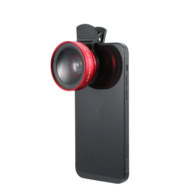 2 Functions Mobile Phone Lens 0.45X Wide Angle Len & 12.5X Macro HD Camera Lens Universal for iPhone Android Phone red