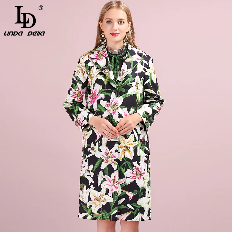 LD LINDA DELLA Autumn Winter Outwear Women's Coats Long Sleeve Floral Printed Button Beading Elegant Vintage Ladies Overcoat