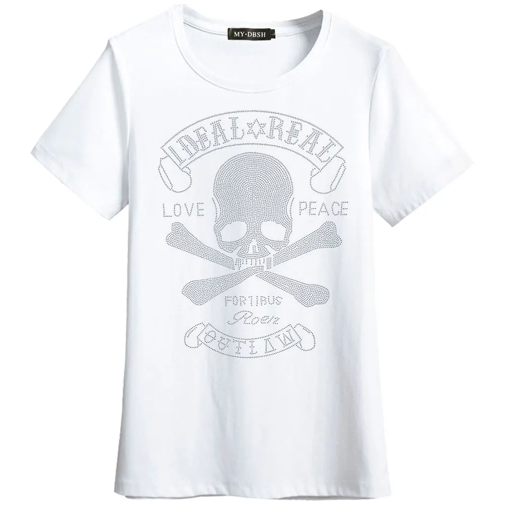 Летний Для женщин декор в виде черепов и со стразами; футболка в стиле «хип-хоп» рок футболка Hipster высокое качество бриллиантами печати черно-белые модные топы - Цвет: T012-O-White