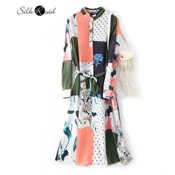 

Silviye Color block printed silk dress female minority temperament stand up collar and waist show thin A-line shirt dress