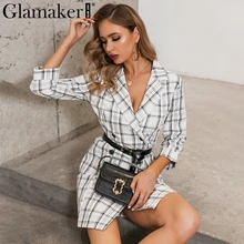 Glamaker, сексуальный клетчатый офисный блейзер с глубоким v-образным вырезом, Женский Осенний двубортный Тренч, элегантное модное зимнее длинное пальто, платье