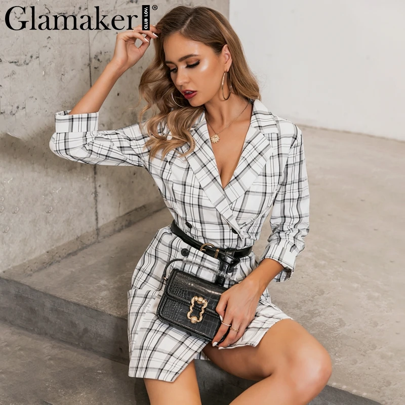 Женский двубортный Блейзер Glamaker офисный блейзер в клетку с глубоким v образным