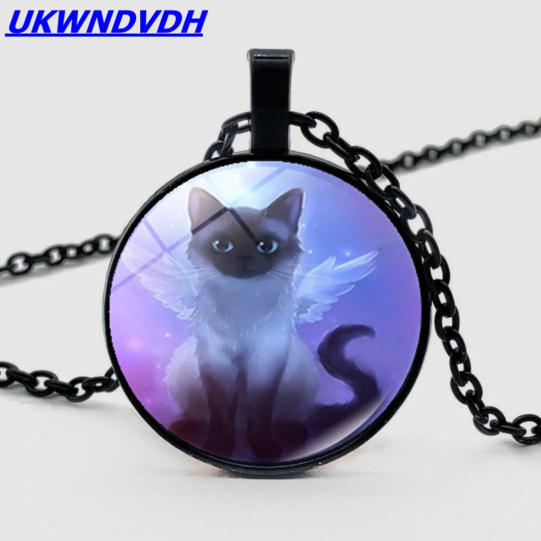 

Fairy cat creative new glass pendant necklace Ornament retro angel cat male and female necklace