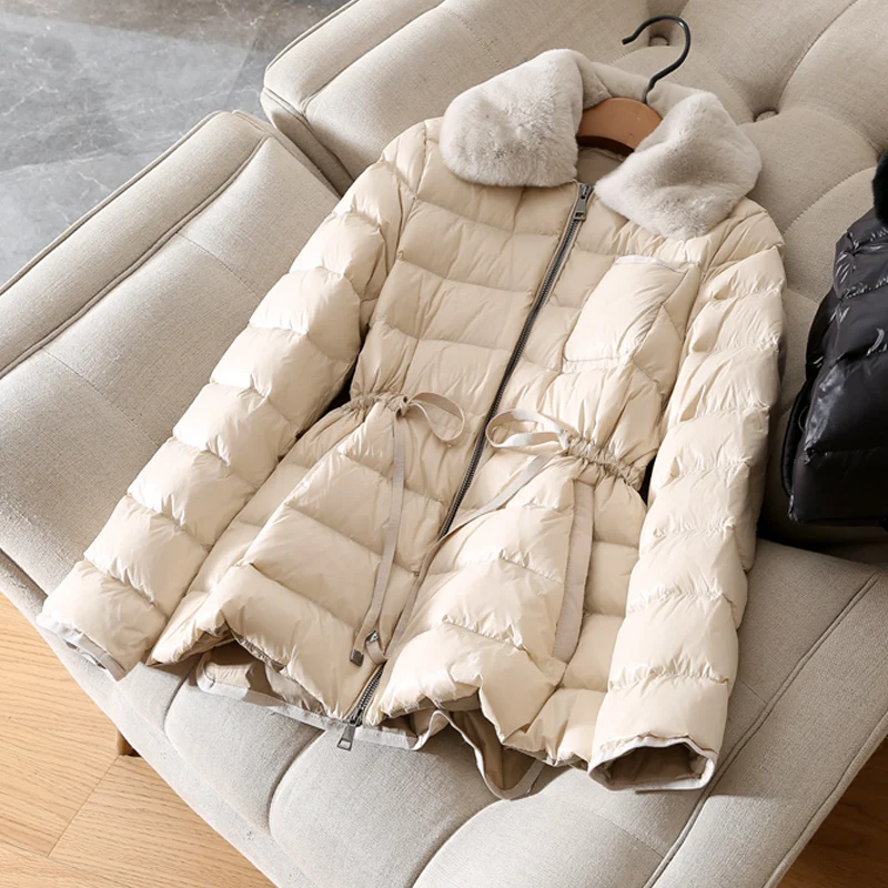 Kopen 90% Witte Eend Donsjack Korte Jas 2019 Vrouwelijke Slanke Down Jassen Vrouwen Grote Echte Rex Konijn Bontkraag Sneeuw uitloper Waterdicht