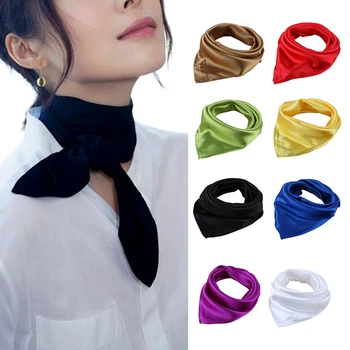 

Womens Candy Colors Solid Silk-Satin Kerchief Small Square Neck Scarves 60cm Fashion Soft Lady Accessories Mini Scarf