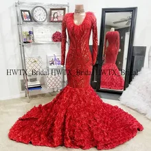 Длинные сверкающие платья для выпускного вечера с длинным рукавом Русалка Красный блесток 3D розы цветы перья Женская африканская темнокожая девушка торжества выпускного вечера