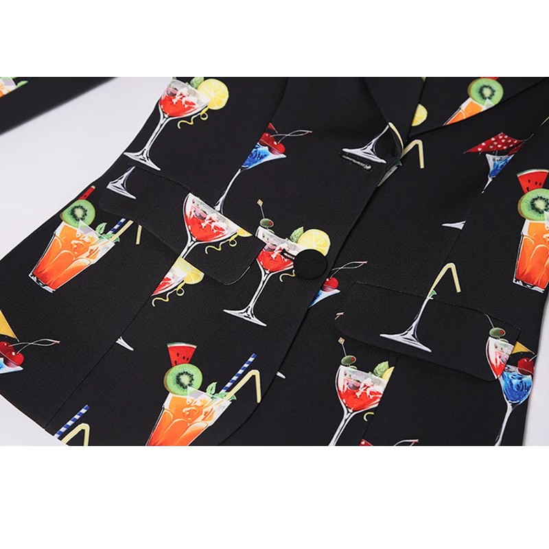 SEQINYY Black Blazer Autumn New Fashion Design Long Sleeve Women Wine Glass Printed Female Jacket