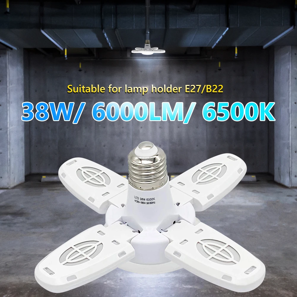 38W LED Garage Lights Foldable E27 Bulb 4 Adjustable Fan Blades Deformable Workshop Warehouse Ceiling Lighting 6500K AC110-265V |