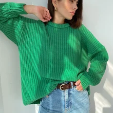 

2022 Autumn Winter Thickening Oversized Green Long-sleeved Loose Pullover Women's Solid Color Knitted Top Casual Sweater Women's