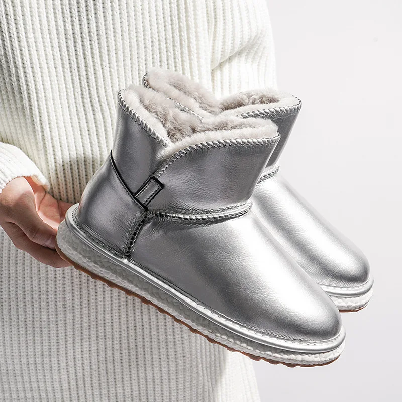 Новые женские зимние ботинки из натуральной кожи водонепроницаемые Нескользящие короткие ботильоны с плюшем, сохраняющие тепло женские ботинки - Цвет: Silver