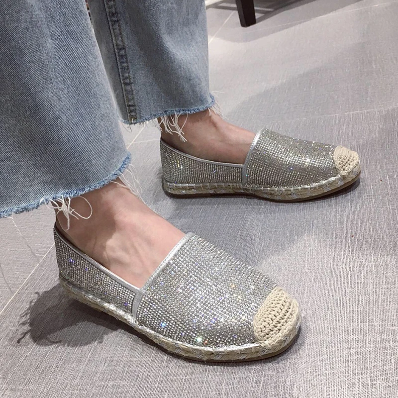 Fashion Hemp Loafers Women Espadrilles Flats Shoes Sewing Rhinestone Round Toe Ladies Casual Moccasins Slip On Brand Style New