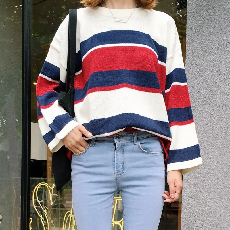 

All Match College Wind Loose Causal Striped Colorful New Fashion Female Sweaters Women Clothing