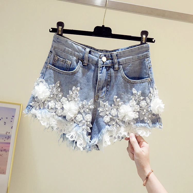 

Flower Jeans Shorts for Women Summer New Hole Flower Slimming Wide Leg Hot Pants High Waist Denim Shorts Students Streetwear