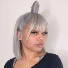 Brazilian Human Hair Wigs With Bangs Straight Grey Bangs Wig Silver Gray Bob Wig Full Machine Long Remy Hair Wigs For Women 150%