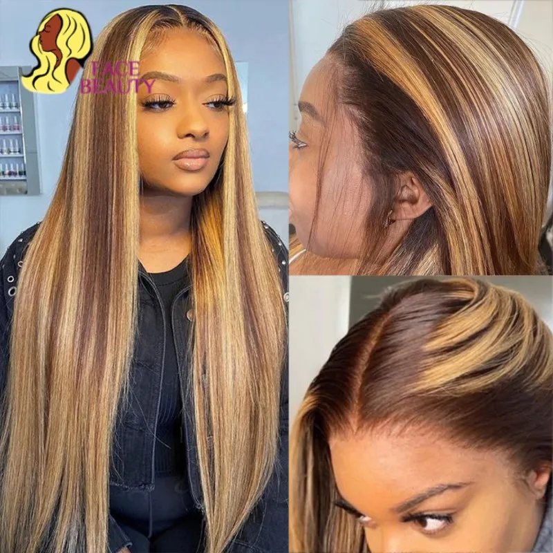 Blonde Highlight Wig Human Hair 13x4 Lace Frontal Wig Pre Plucked Brazilian Remy Glueless Front Wig For Black Women 30 32 inch