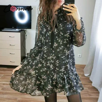 

Conmoto summer beach 2020 chiffon floral dress women ruffle feminino robe femme dresses casual bow turtle vintage dress vestidos