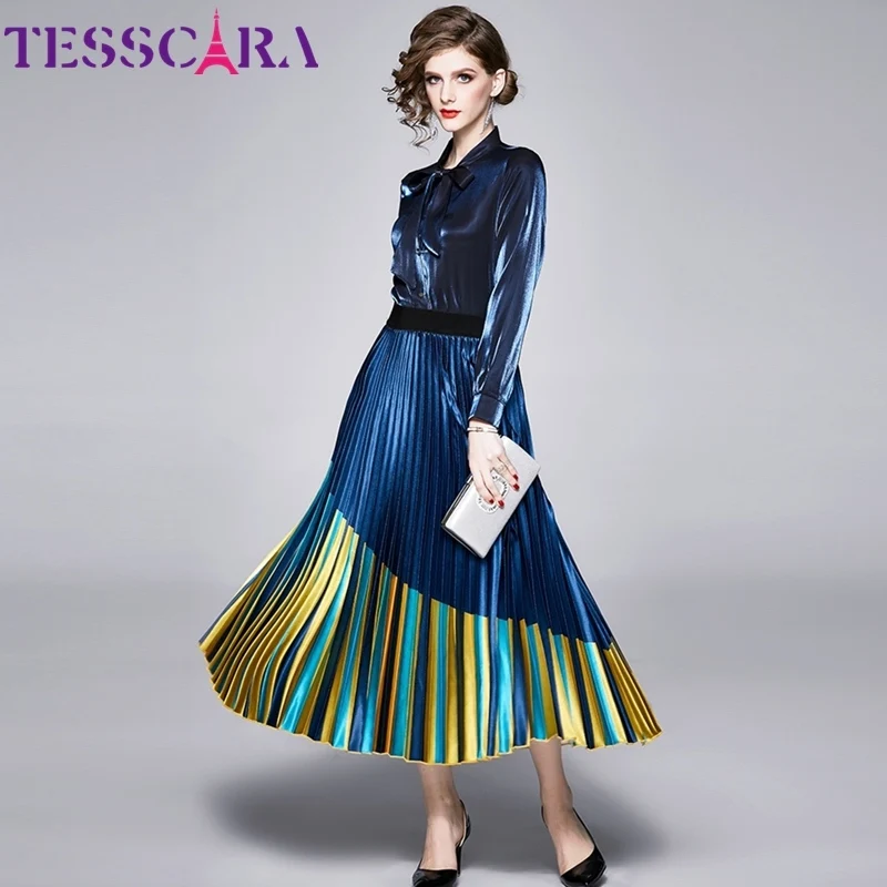 TESSCARA, женское весеннее элегантное платье, костюм, набор, женские Коктейльные Вечерние платья, высокое качество, дизайнерская офисная рубашка, юбка, костюмы, Vestidos - Цвет: As Picture