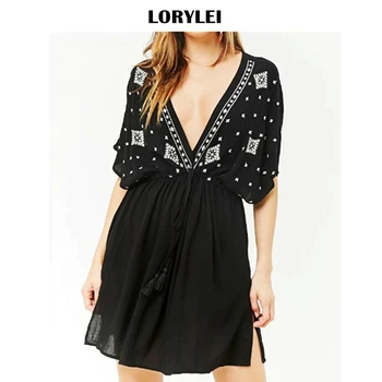 

2020 Black Bohemian Embroidered V-Neck Summer Beach Dress Cotton Tunic Women Beachwear Swimwear Swim Suit Cover Up Sarong N797