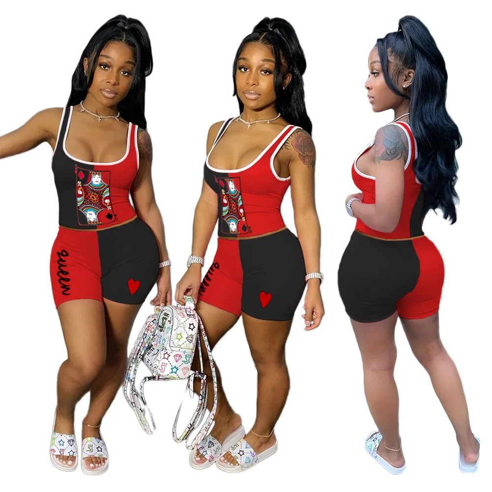 

Summer Two - Piece Set European and American Women 's Fashion Contrasting Color Poker Printed Vest Shorts Suit