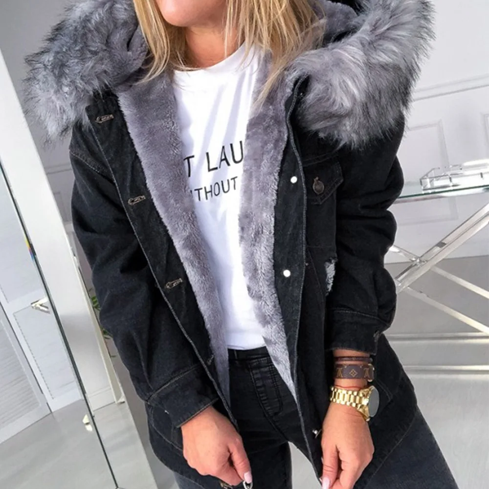 

Women'S Warm Soft Fur Coat Demin Jacket Winter Plush Overcoat Elegant Big Fur Hood Collar Outerwear Autumn Female Long Jackets