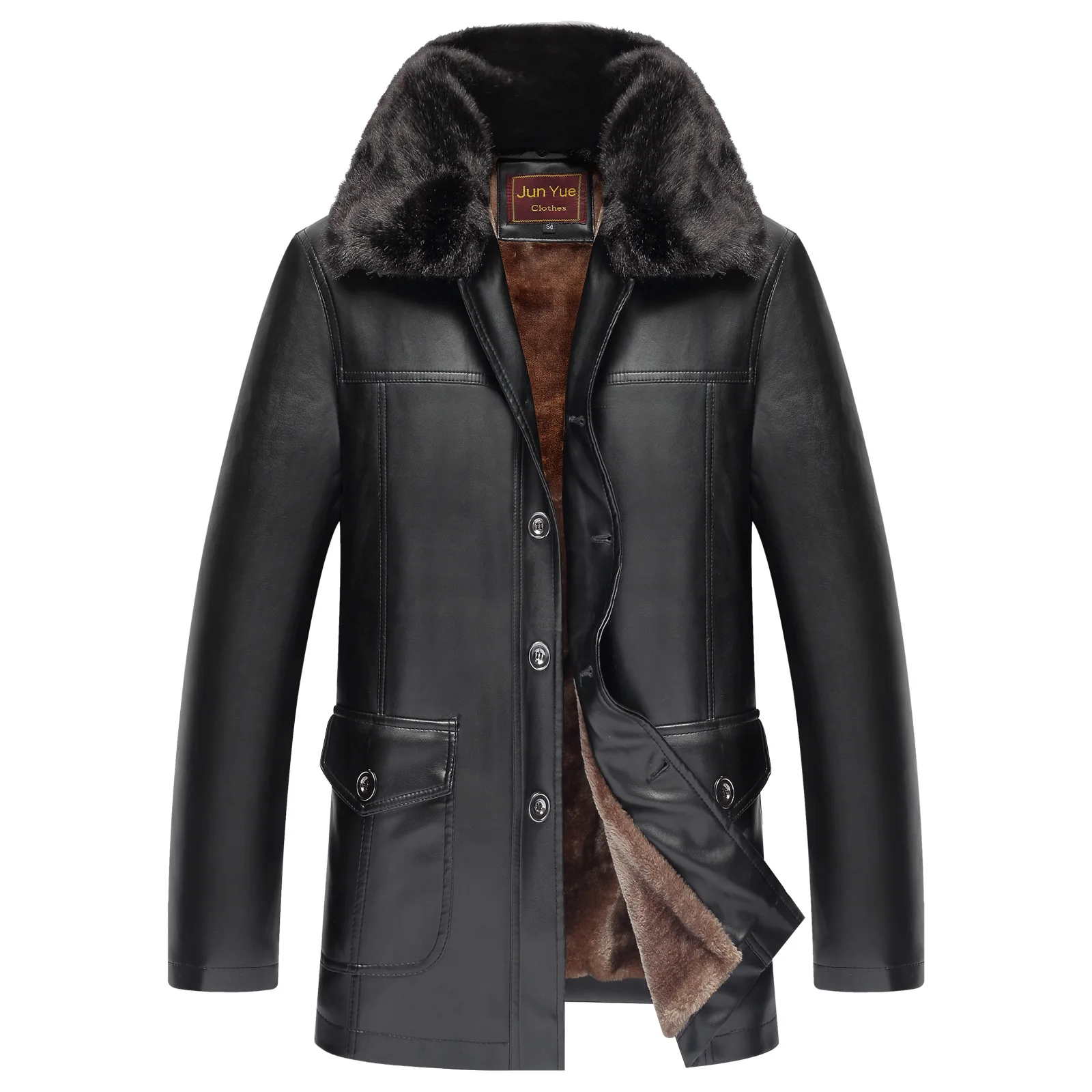 Brushed And Thick Pu Flower Hair Button Leather Coat Middle-aged Casual Fold-down Collar Leather Coat