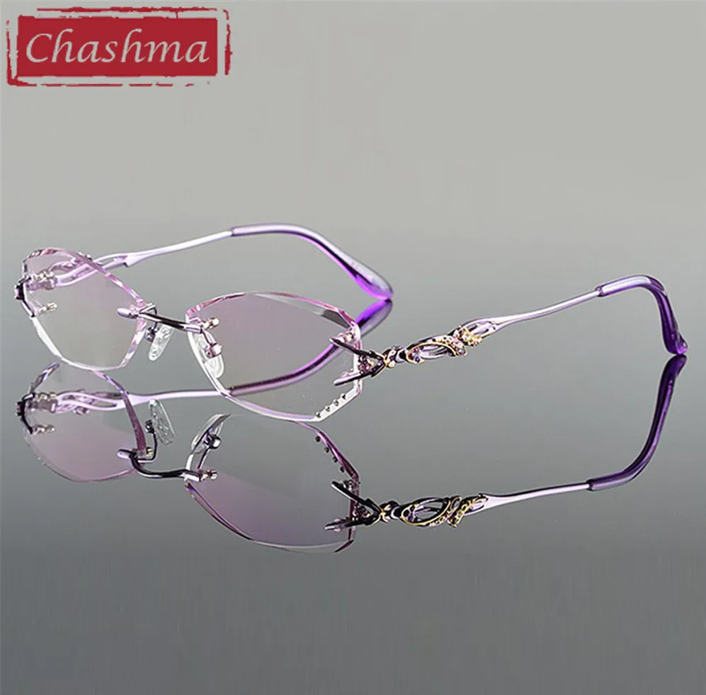 Women Myopia Reading Glasses with Diamond Cutting Rimless Titanium Frame