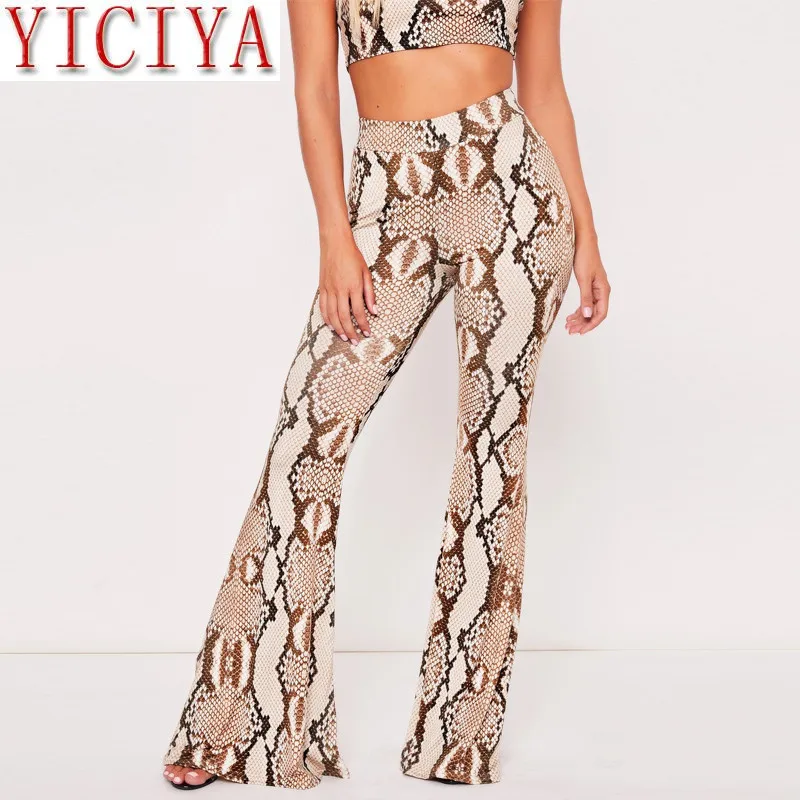 Snakeskin print sext spaghetti belt crop top camis bell pants 2-piece set 2020 spring autumn summer ladies fashion suit