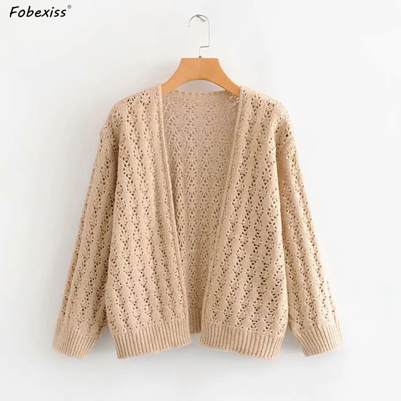 

Elegant Knitted Beige Cardigan Sweater Women Fall Long Sleeve Hollow Out Lace Cardigan Sweater Women Loose Casual Short Sweater