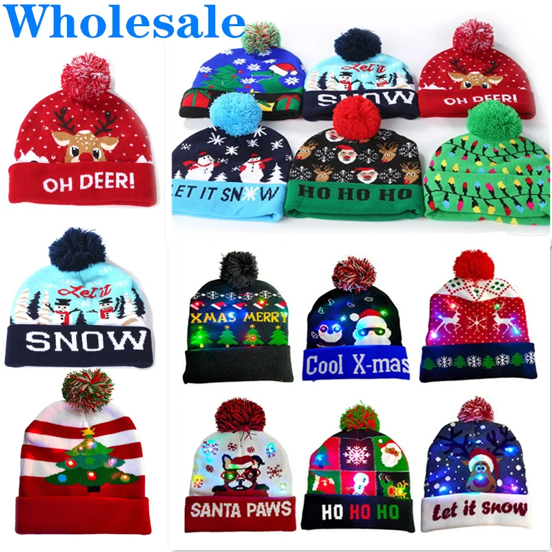 Wholesale New Children LED Christmas Hat With Lights Winter Warm Cartoon Knitted Pompom Beanie Cap For Kids Christmas Decoration