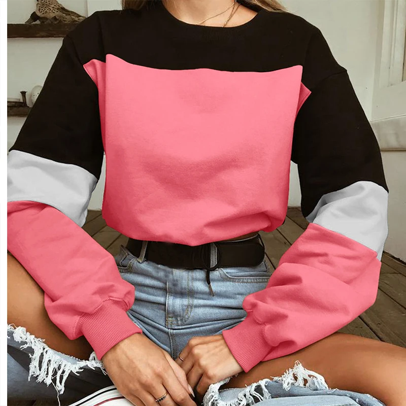

2020 Plus Size Loose Women Hoodies Patchwork Long Sleeve Autumn Winter Female Sweatshirt Casual Sport Short Pullover Tops