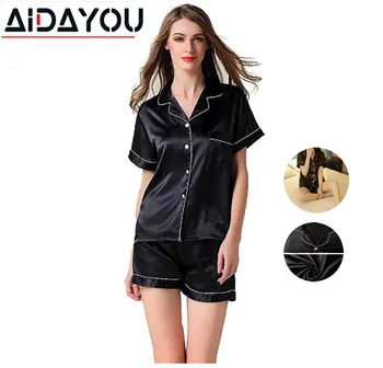

Satin Silk Pajamas Set Short Sleeve Button-Down Pj Women Sets Femme Sexy Lingerie Pyjamas Two Piece ouc413j