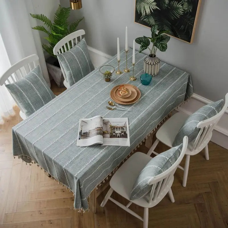 Striped grey tablecloth Tassel Table Cloth Rectangular imitation cotton Dining Table Cover mantel mesa coffee table home Decro