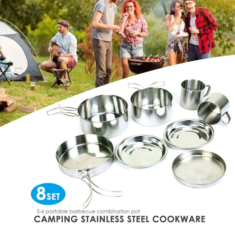 Strong Stainless Steel 8pcs Suit Hike Cooking Picnic Pot Outdoor Pot Tool Survival Camping Cookware Bowl Pan Travel