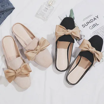 

Chic Ladies Mules Summer Bow-knot Women Slippers Solid Slip-on Flat Ladies Office Shoes Summer Slippers Female
