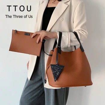 

TTOU Women Handbag 2Pcs/set Composite Bags Set Quality Leather Top-Handle Bags Ladies Shoulder Bag Pink Brown bloso mujuer