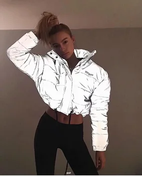 

Women's Winter Jacket Coat Women Warm Reflective Parka Streetwear Silver Padded Outerwear Windbreaker Black Parkas Mujer 2019