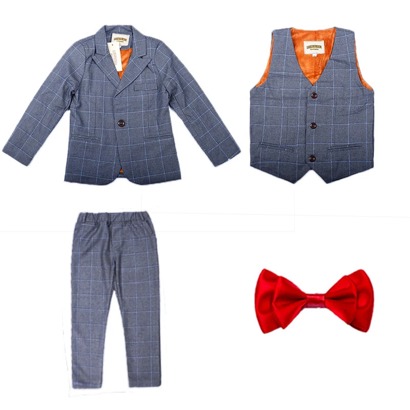 Gray 4PCS Торжественные школьные костюмы с цветочным принтом для мальчиков, блейзер в клетку для мальчиков, костюм из 4 предметов+ жилет+ штаны+ галстук, смокинг, Детские вечерние платья для выпускного вечера, комплект одежды - Цвет: Gray 4PCS