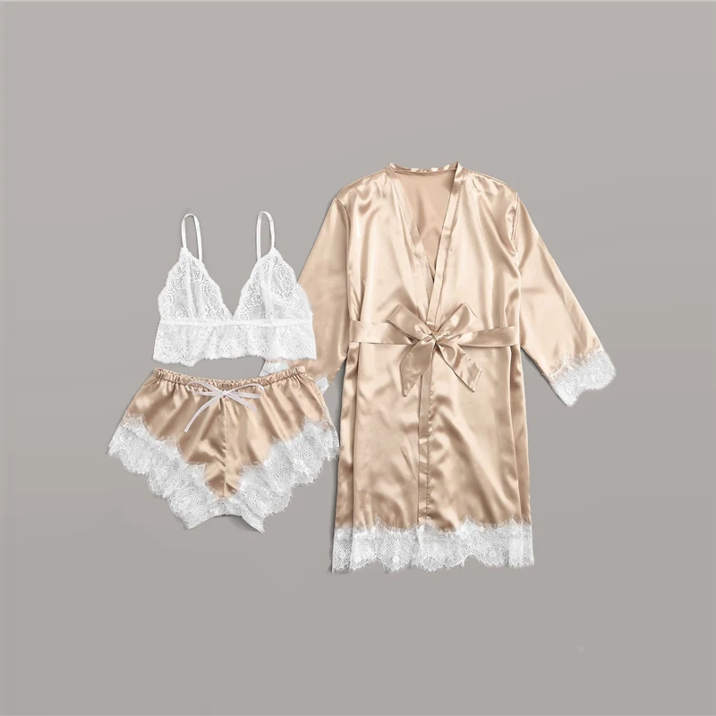 COLROVIE, золотой цветочный кружевной сатиновый комплект нижнего белья с халатиком, женские пижамы с поясом,, Осенние сексуальные комплекты, женская одежда для сна