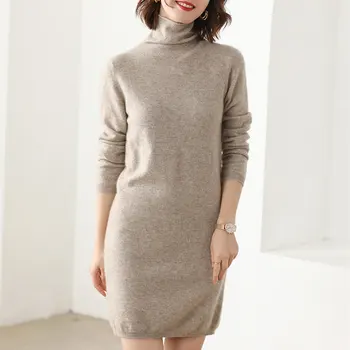 

Classic pile pile collar long paragraph pure cashmere sweater female Slim high collar sweater knit bottoming shirt dress