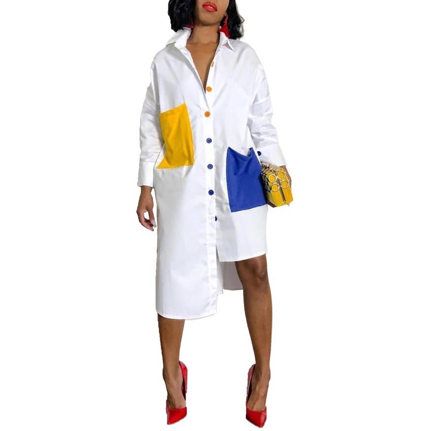 

Women Contrast Stitching Colored Buttons Irregular Hem Shirt Dress High Low Mini Dress AM1051