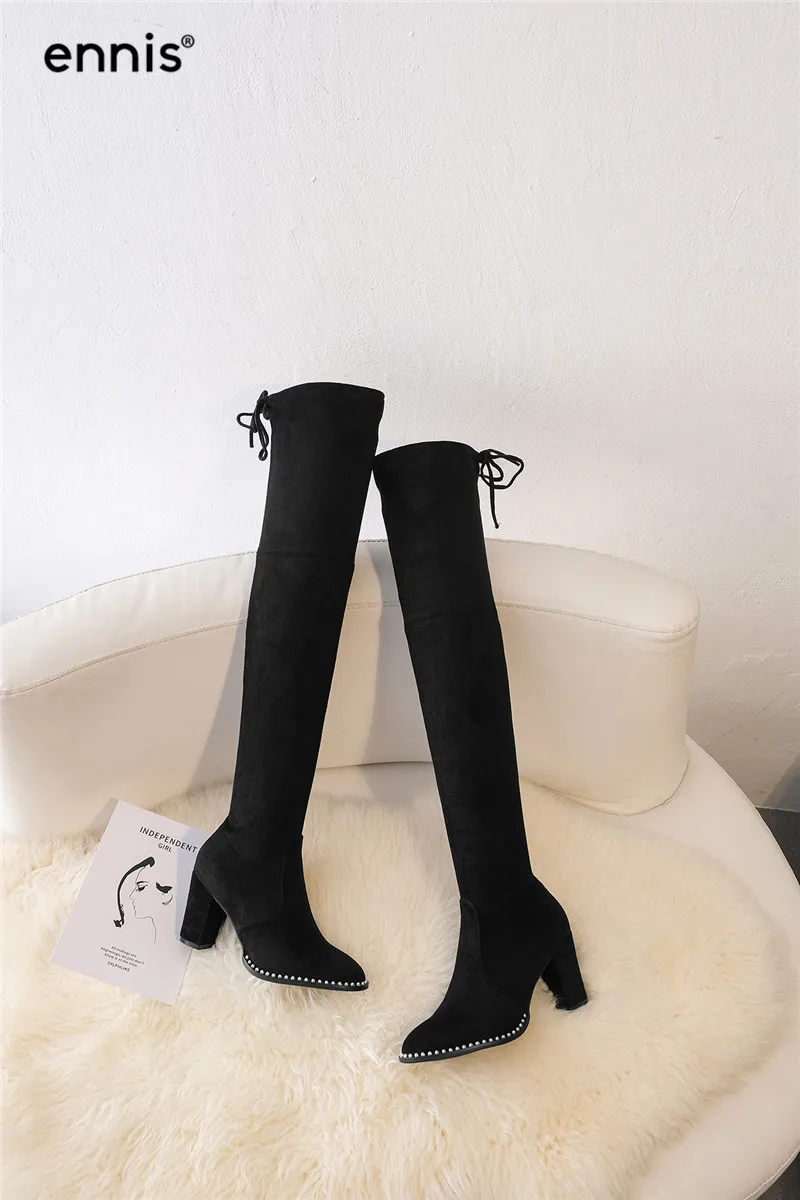 ENNIS Women Over The Knee Boots Pointed Toe Winter Boots High Heel Knee High Boots Slim Fit Autumn Flock Shoes Fashion L934