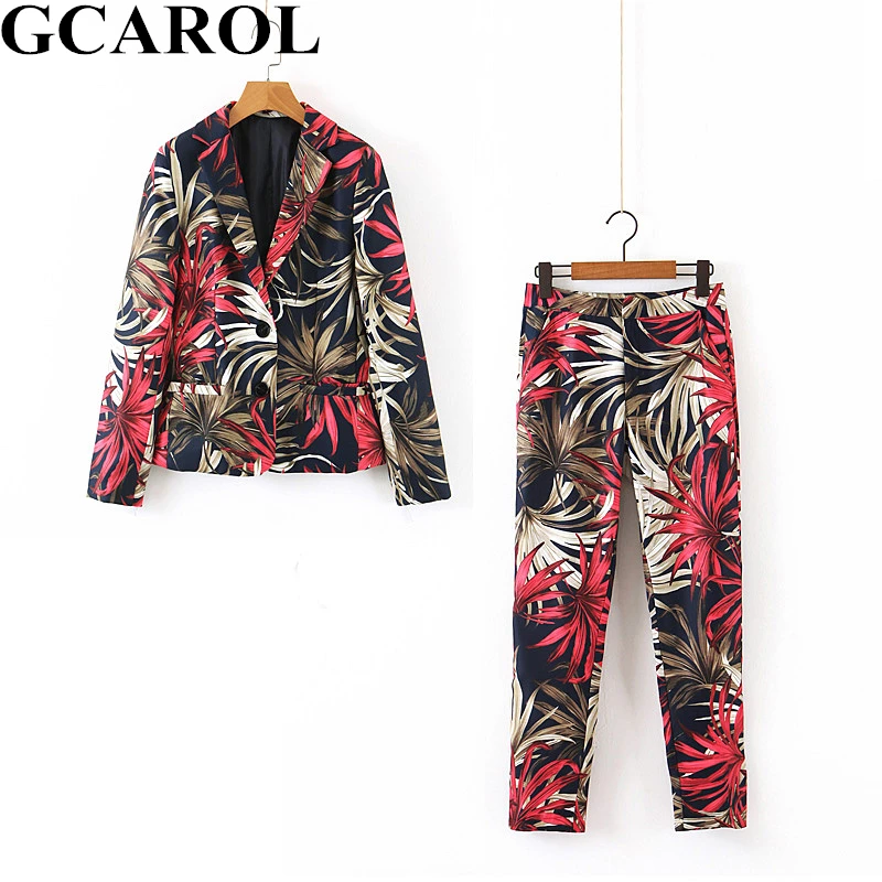 Flower Sets GCAROL/женские комплекты из 2 предметов, костюм с цветочным принтом и брюки-карандаш, Осень-зима, винтажный Блейзер на одной пуговице, брюки длиной до щиколотки - Цвет: Flower Sets