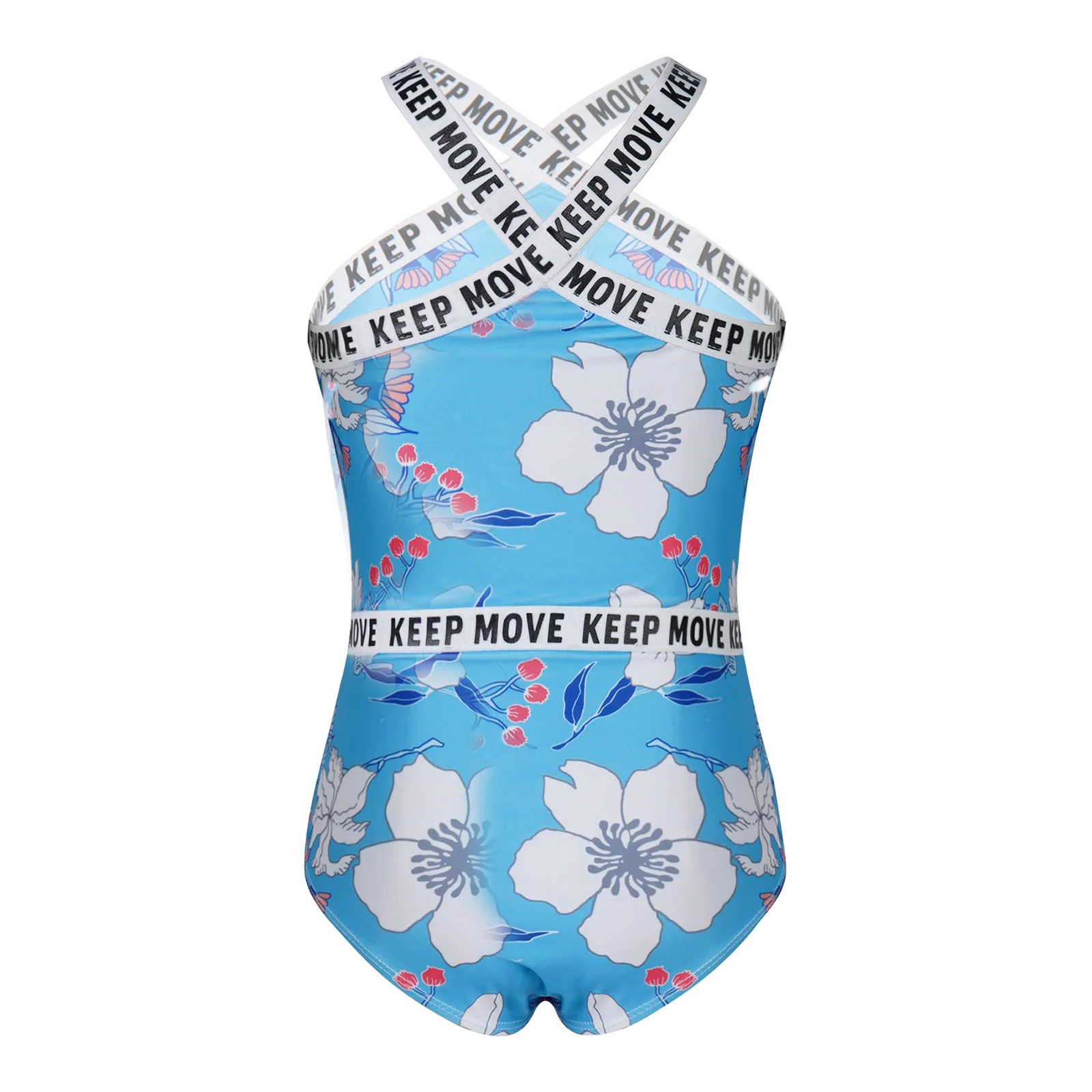 TiaoBug Summer Kids Girls One-Piece Swimwear Leotard Bodysuit Sleeveless X Shaped Front And Back Letter FLowers Print Swimsuit