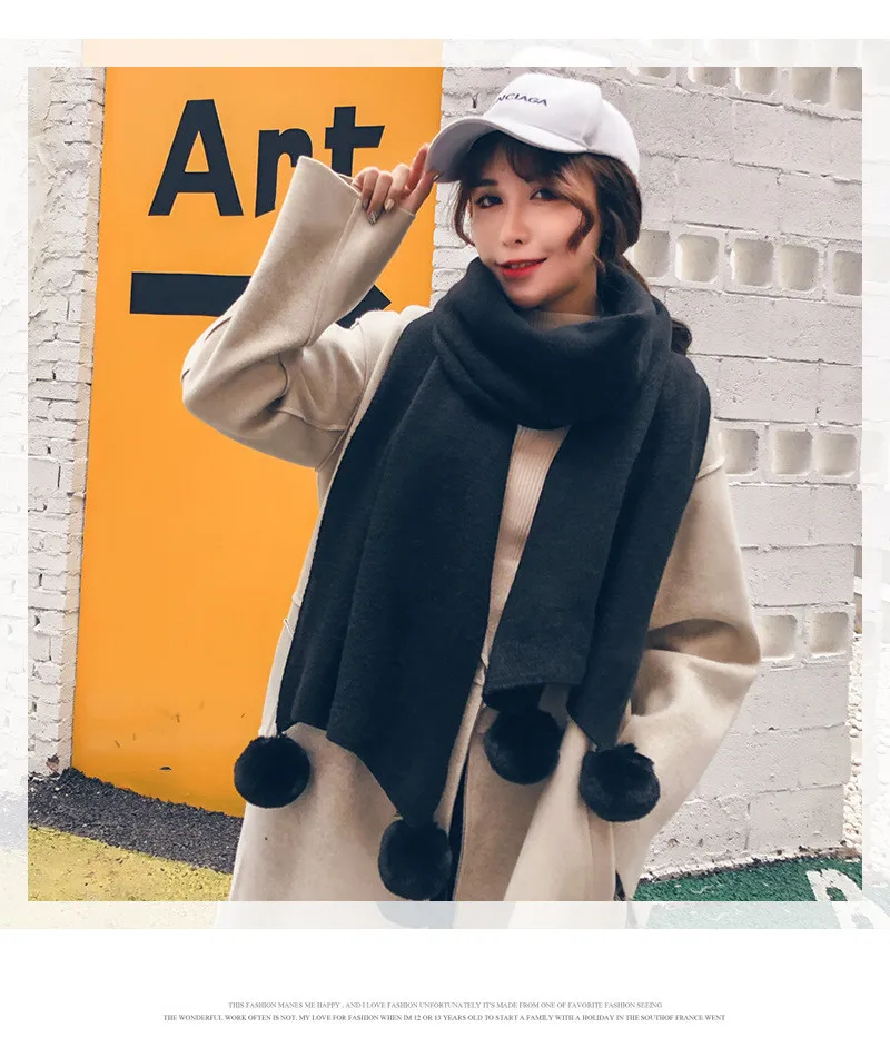 Корейский Помпон Мяч зимний шарф для женщин Мягкий теплый вязание Твердые шарфы серый платок Femme